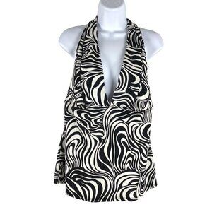 Longitude Tankini Swim Top Women's‎ Large Black White Print Halter V-Neck